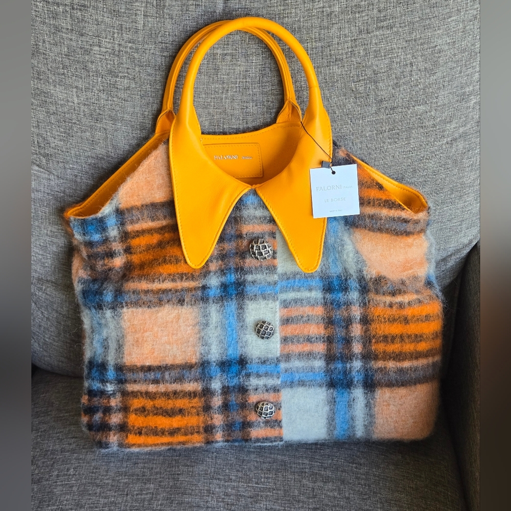 RARE! Falorni / Falor Italia Le Borse Orange Plaid Handbag Purse